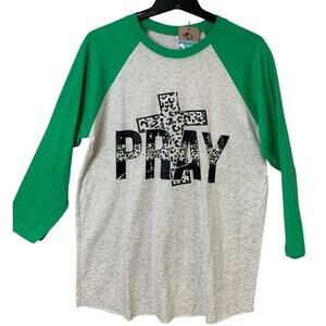 New Hand Printed Womens Medium Cheetah Cross Pray Long Sleeve Raglan Tee Shirt